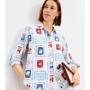 Loft Long Sleeve Button Up Linen Blend Top XL White Novelty Stamp Print Colorful